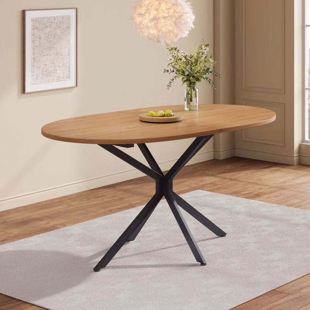 Tavolo da pranzo moderno WISHDOR ovale in MDF laminato beige e marrone con struttura a X e finitura opaca – 2