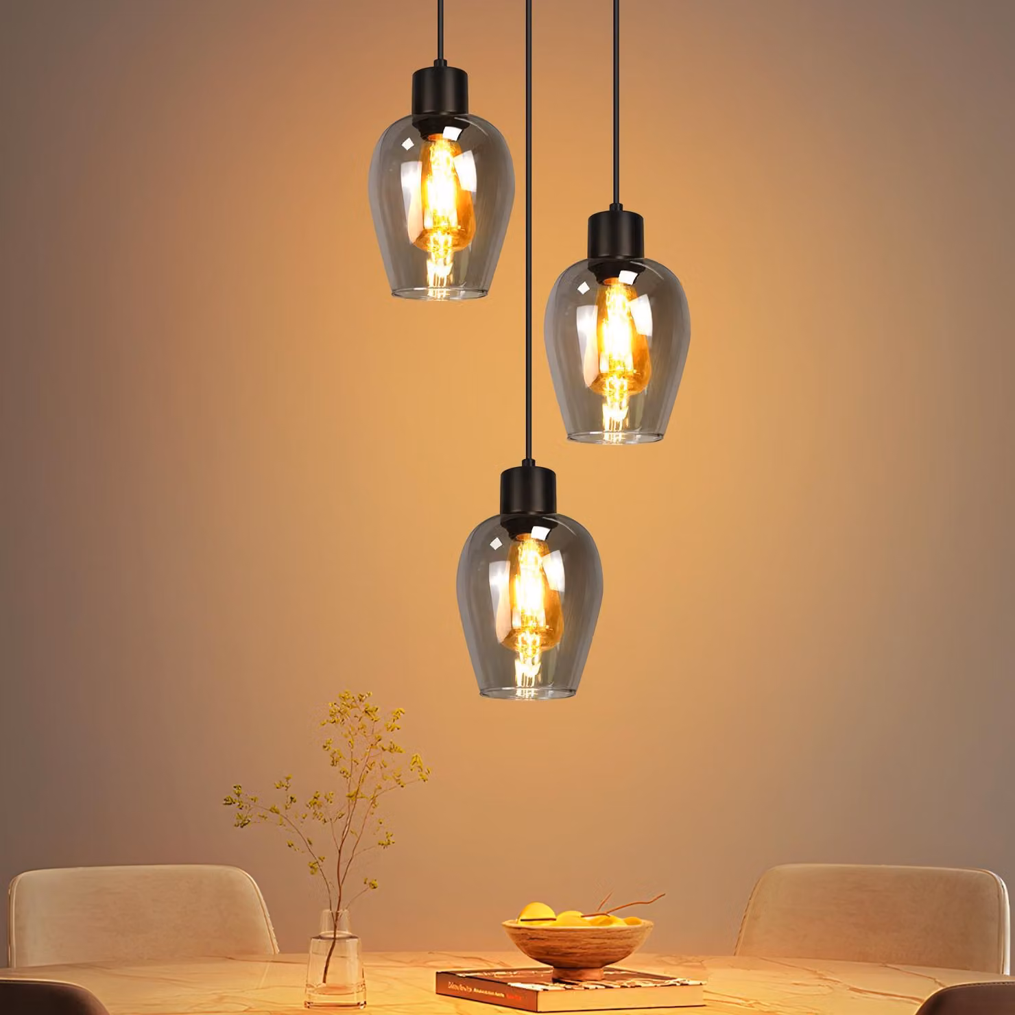ZMH Lampada a sospensione nera a 3 fiamme - Lampada a sospensione vintage da tavolo E27 Lampada da cucina a sospensione in vetro fumé industriale per sala da pranzo camera da letto soggiorno senza fonte di luce
