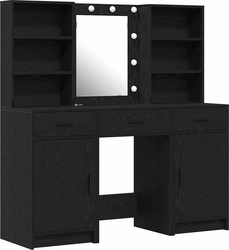 Set da tavolo da trucco con LED con cassetto 3 pcs Rovere Nero