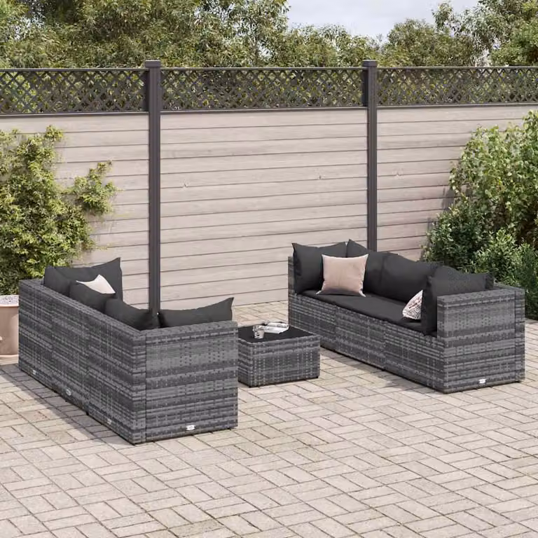 Set di divani da giardino vidaXL 7 pezzi in polyrattan grigio antracite con cuscini e tavolino da esterno con struttura in acciaio e forma a L