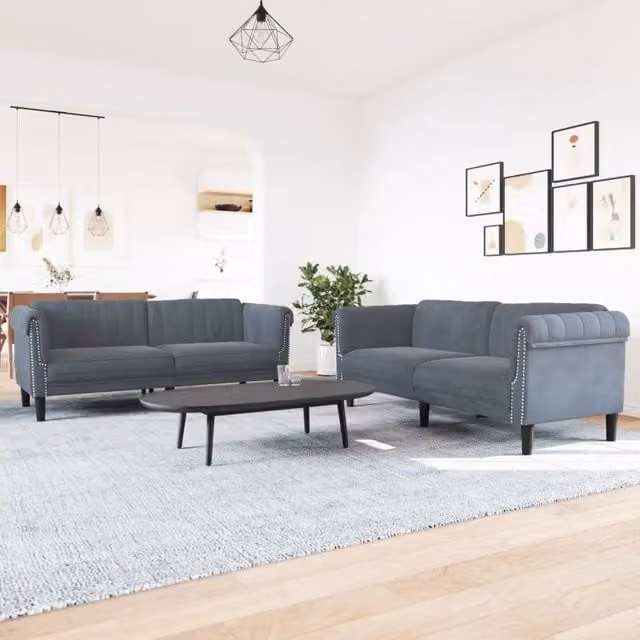 Set di 2 divani moderni vidaXL in velluto grigio con struttura in legno massiccio e cuscini inclusi