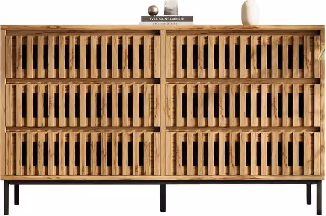 Credenza Moderna 6 Cassetti in Legno Chiaro 120x40x81 cm con Design a Griglia
