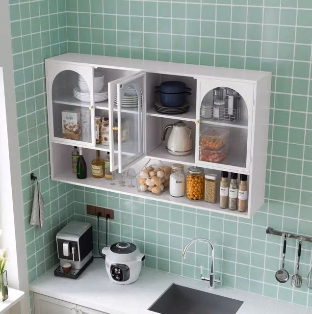 Mobile pensile 120x23x70 cm in vetro e metallo bianco, 4 ante, salvaspazio cucina –