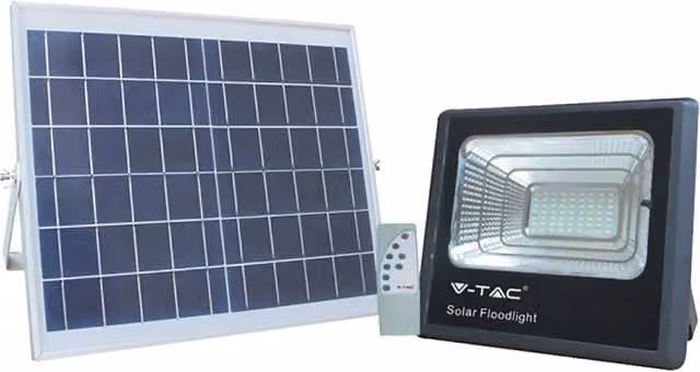 Proiettore a LED Vtac 100W con Pannello Solare Nero e Telecomando, Pannello L: 32,5 cm, P: 28 cm, H: 8,5 cm