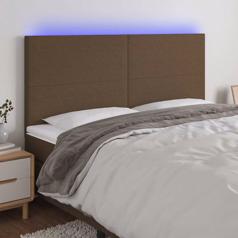 Testiera per letto con illuminazione LED e porta di ricarica USB vidaXL, marrone scuro, in tessuto e legno, L: 180 cm, P: 5 cm, H: 118/128 cm