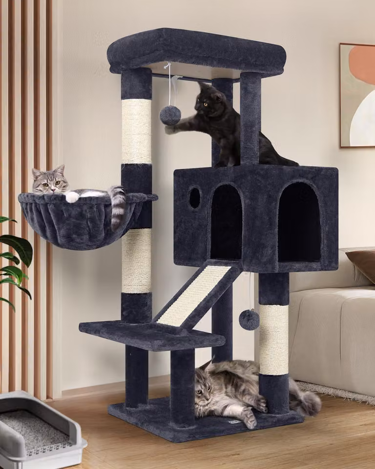 Albero per gatti con ampia piattaforma e cuccia, altezza 116 cm, rivestito in peluche, per uso interno