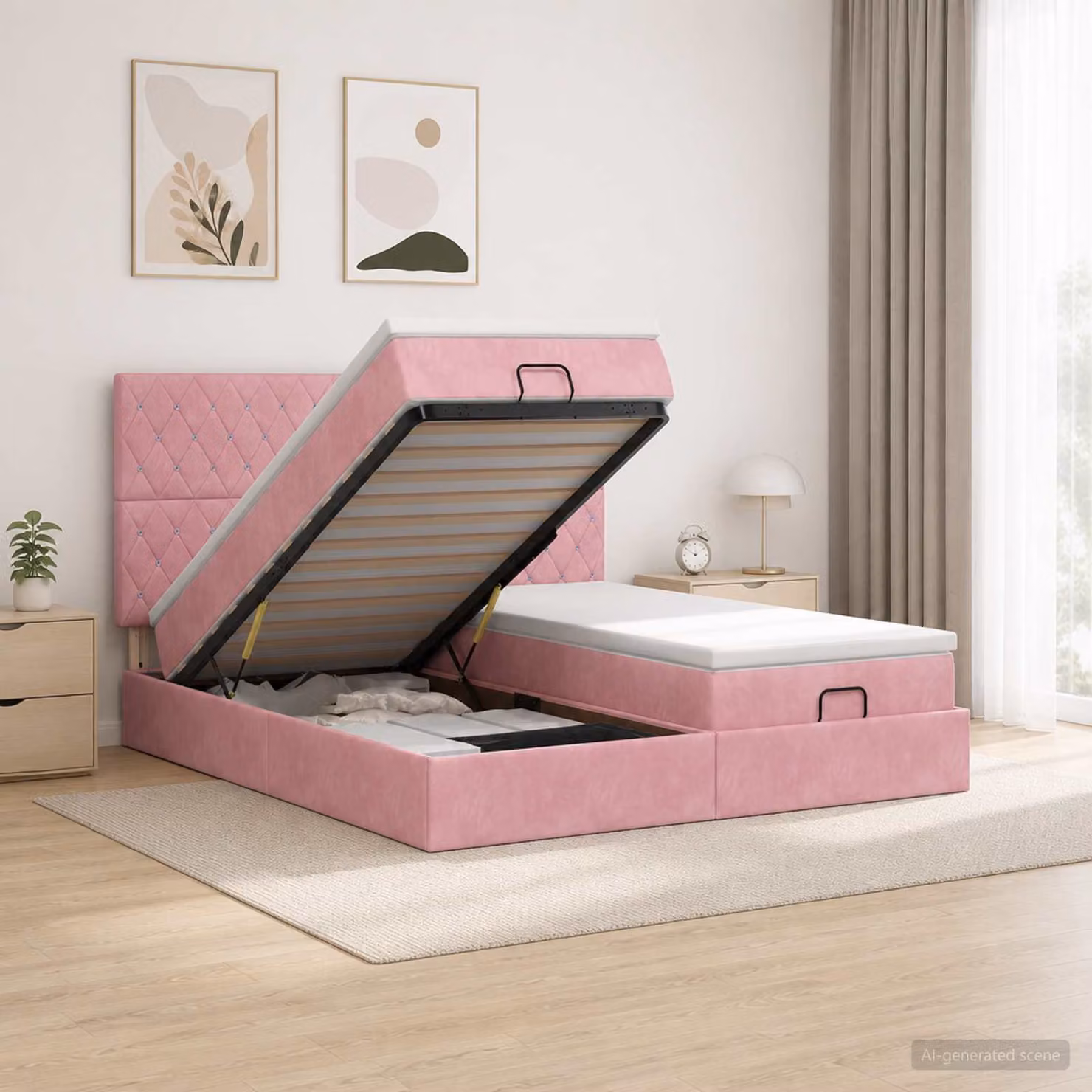 Letto ottomano con materasso e testiera vidaXL in velluto rosa e bianco, L/P/H: 200 x 200 x 88 cm