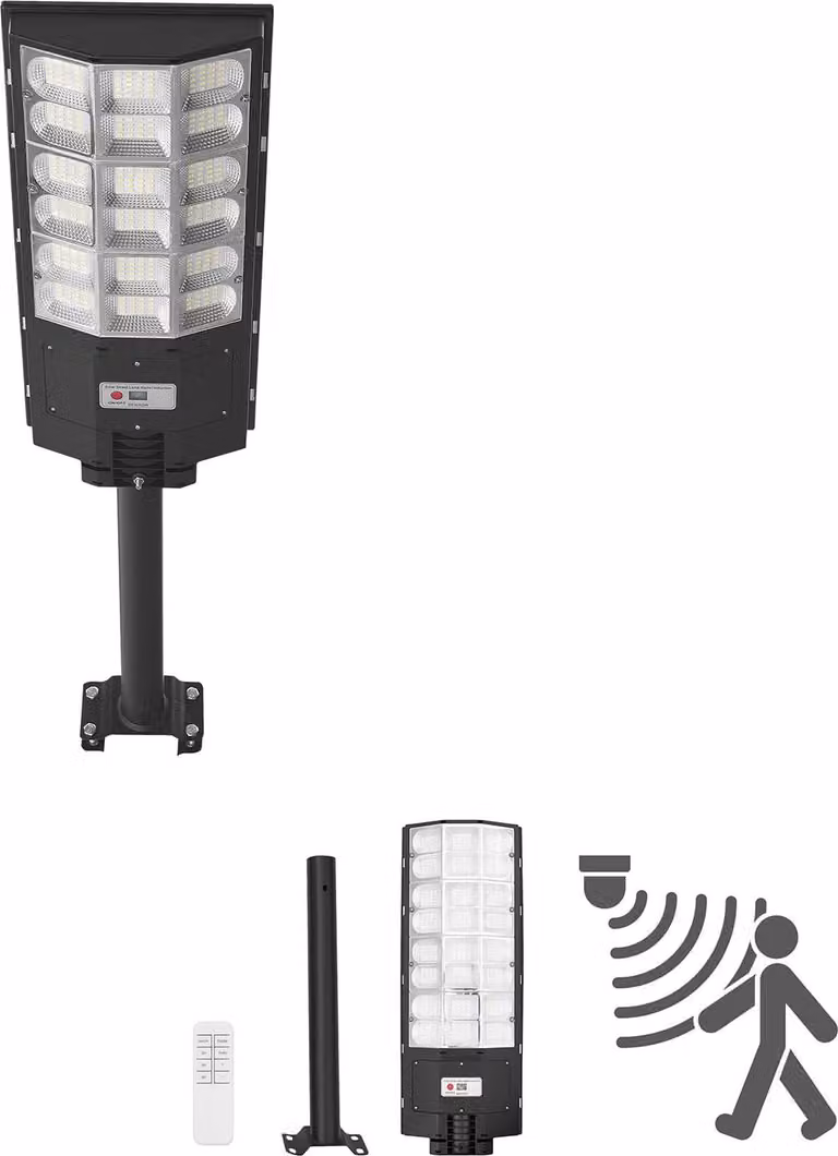 Lampione solare SucceBuy 900000 LM, lampione stradale da 12 kW con sensore crepuscolare, lampada da esterno a LED con sensore di movimento, IP65, illuminazione grandangolare per vialetti e cortili