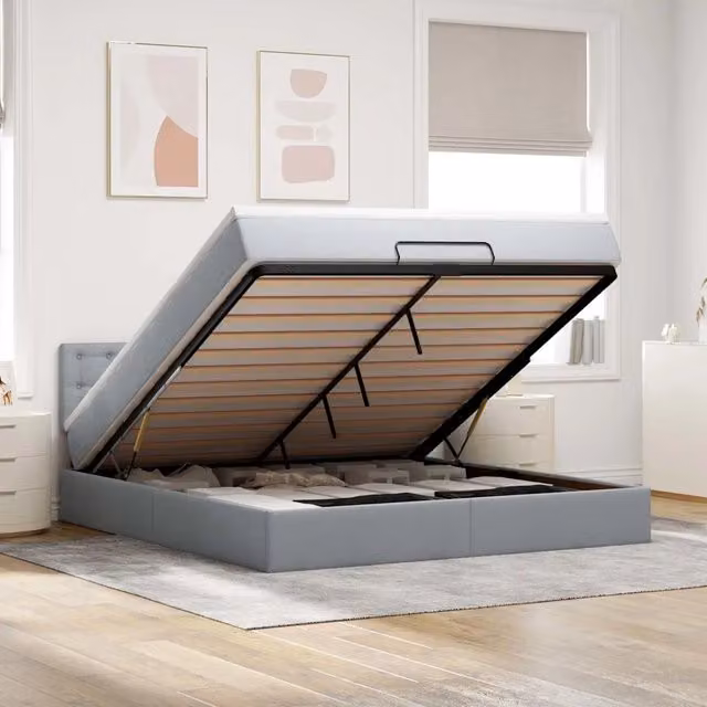 Letto con contenitore a sollevamento vidaXL in tessuto grigio e bianco con illuminazione sottostante e porta di ricarica USB L: 160 cm, P: 200 cm, H: 203 cm