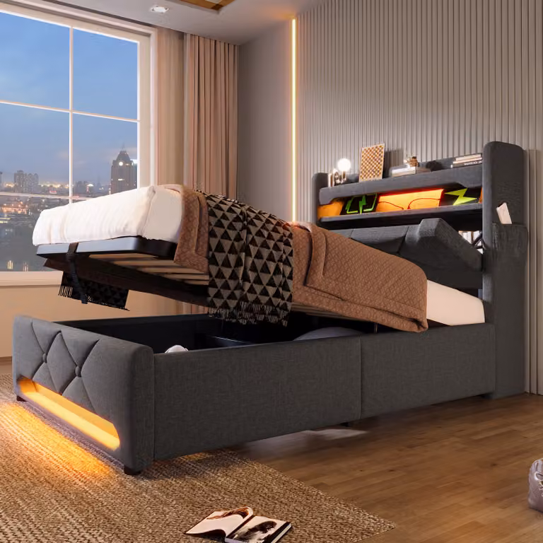 Letto imbottito Abrihome 90x200 cm con porta USB e Type-C, letto per ragazzi con contenitore e luci LED, letti con contenitore idraulico, tessuto, grigio (senza materasso)