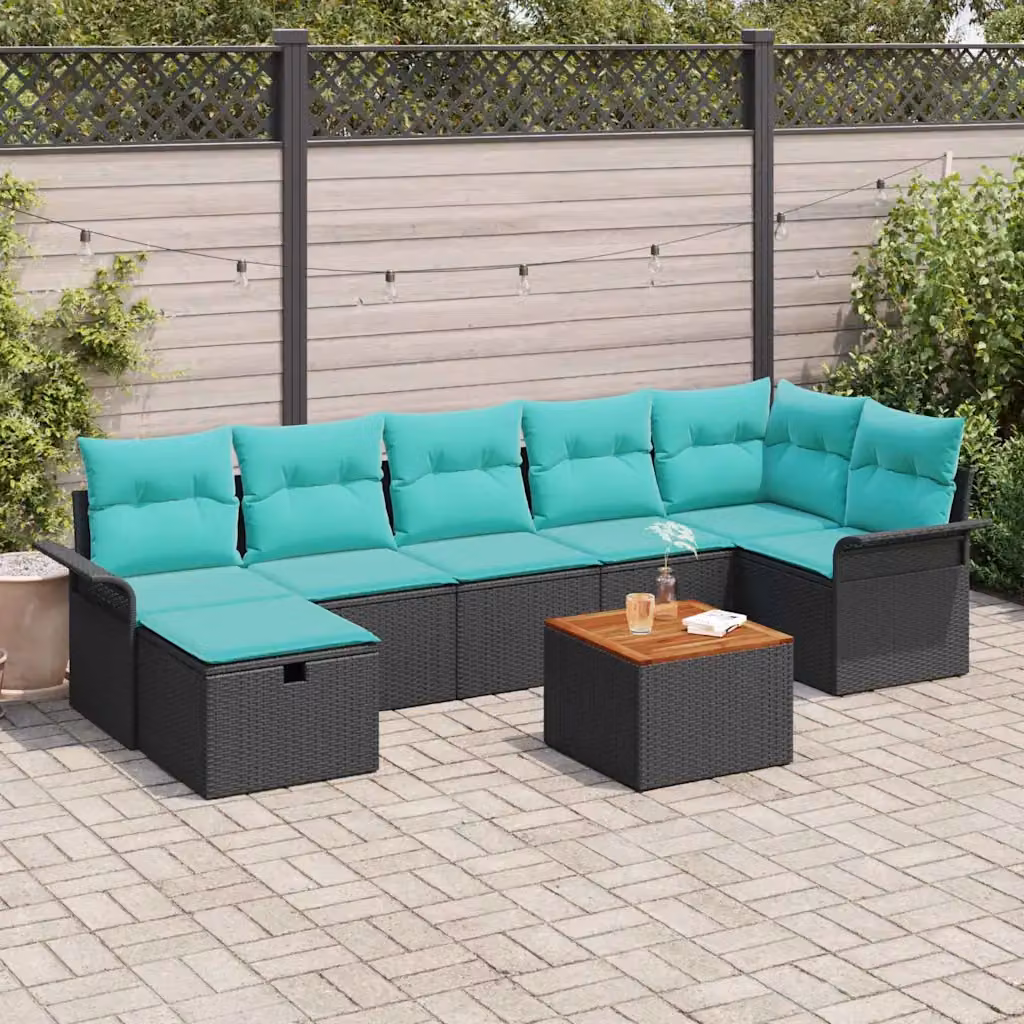 Set Divano da Giardino Moderno vidaXL a Forma a U in Rattan con Cuscini, Colore Nero e Turchese, 8 Pezzi