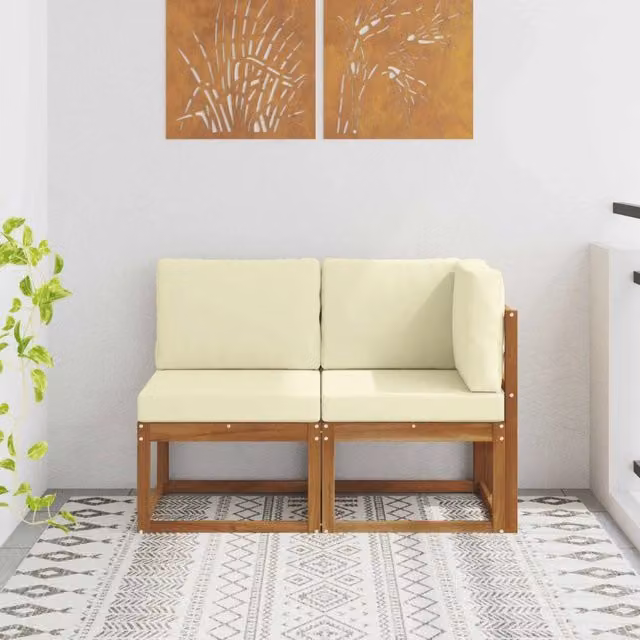 Divano angolare da esterno modulare vidaXL in legno di acacia con cuscini beige e bianco