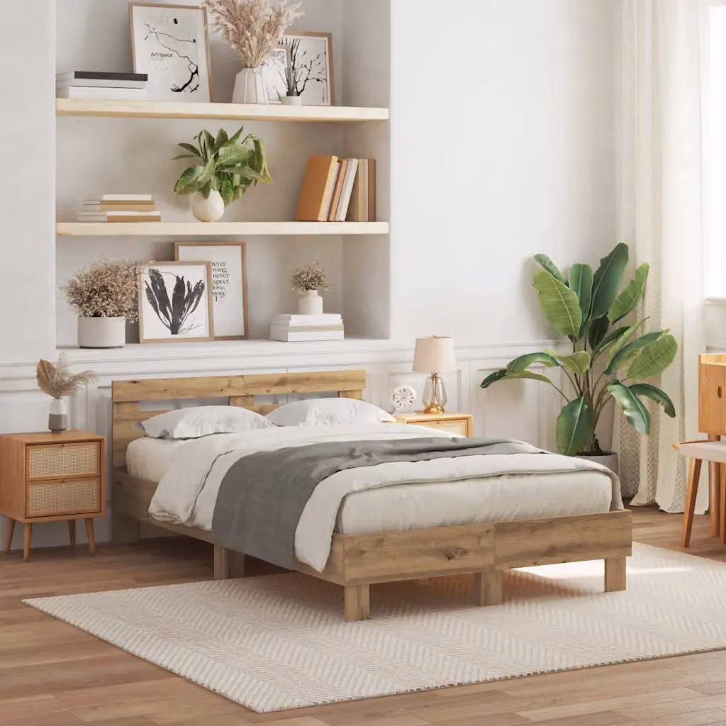 Struttura letto moderna vidaXL in legno color rovere con illuminazione sottostante e porta USB, L/P/H: 200 x 120 x 70 cm