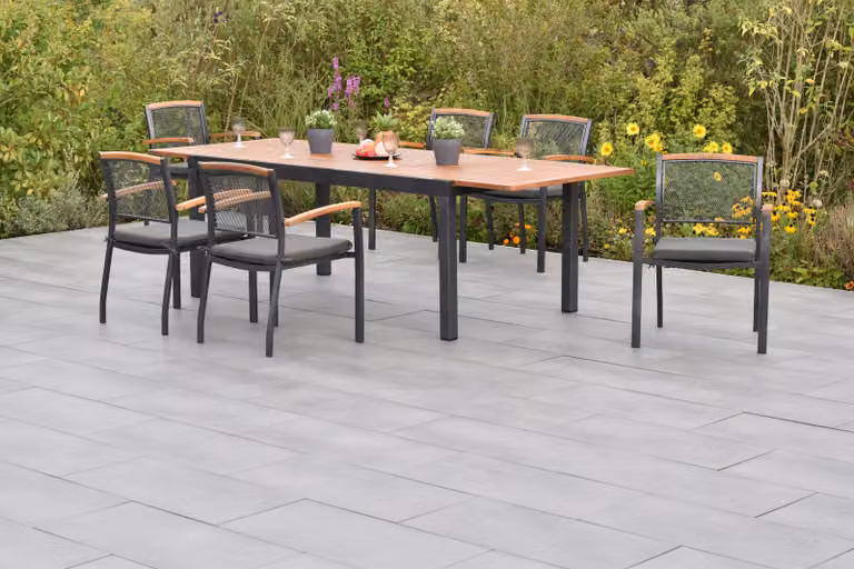 Set di mobili da giardino Merxx Tilos, 13 pezzi, 6 sedie impilabili con cuscini inclusi, tavolo allungabile 180 (250) x 100 cm – alluminio/acacia