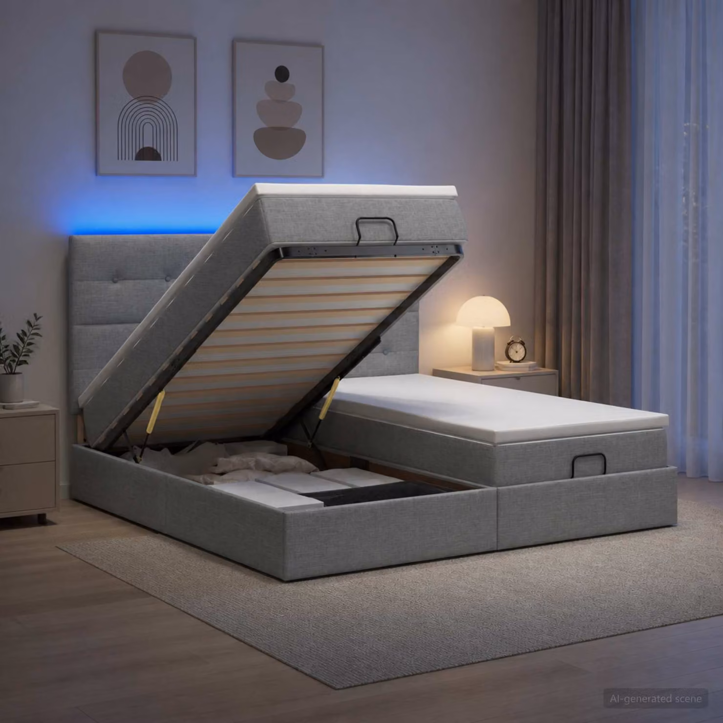 Letto Ottomano con Materasso e Illuminazione LED vidaXL, Grigio Chiaro, L/P/H: 200 x 200 x 203 cm