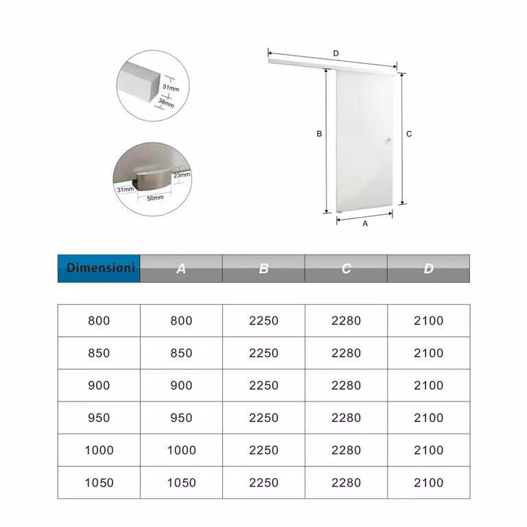 Porta Scorrevole in Vetro Temperato Opaco con Pellicola Anti-frantumi e Binario in Alluminio Bianco AICA ITALY L: 105 cm, H: 225 cm