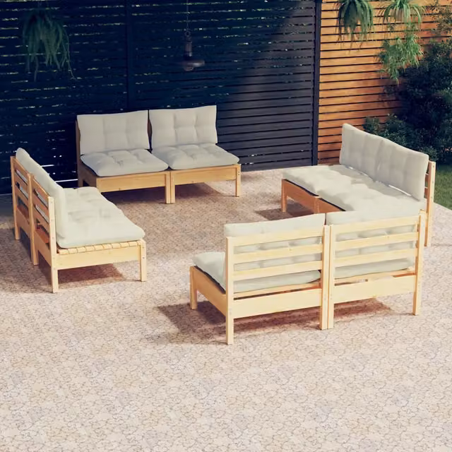 Set Salotto da Giardino 8 pz con Cuscini Crema in Legno di Pino 3096040