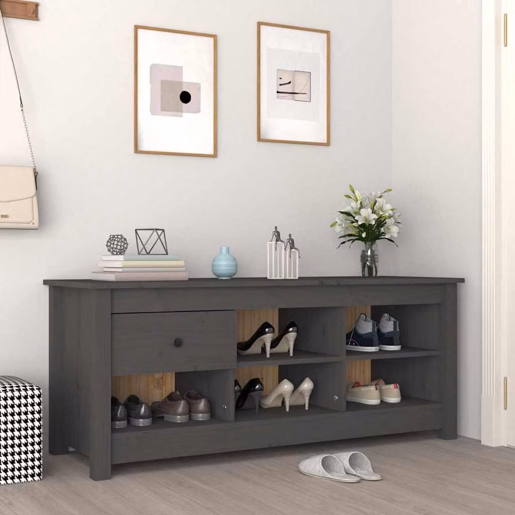 Scarpiera vidaXL in legno di pino massello grigio con ante a battente e ripiani, L: 110 cm, P: 38 cm, H: 45,5 cm
