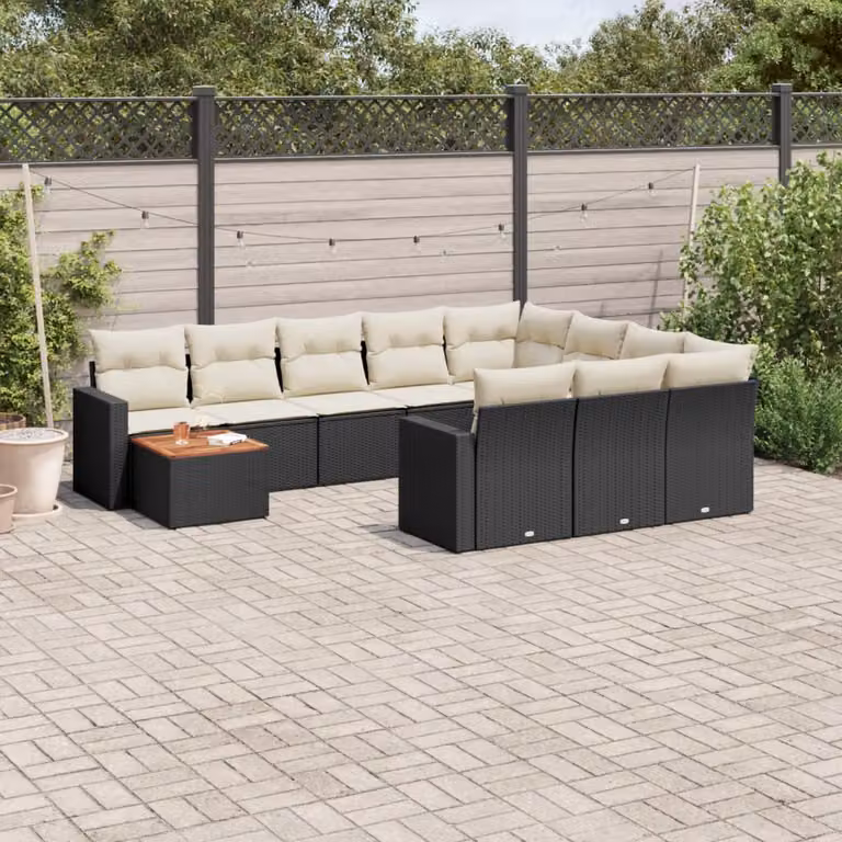 Set di divani da giardino vidaXL 11 pz in polyrattan nero con cuscini e tavolino da esterno a forma di U