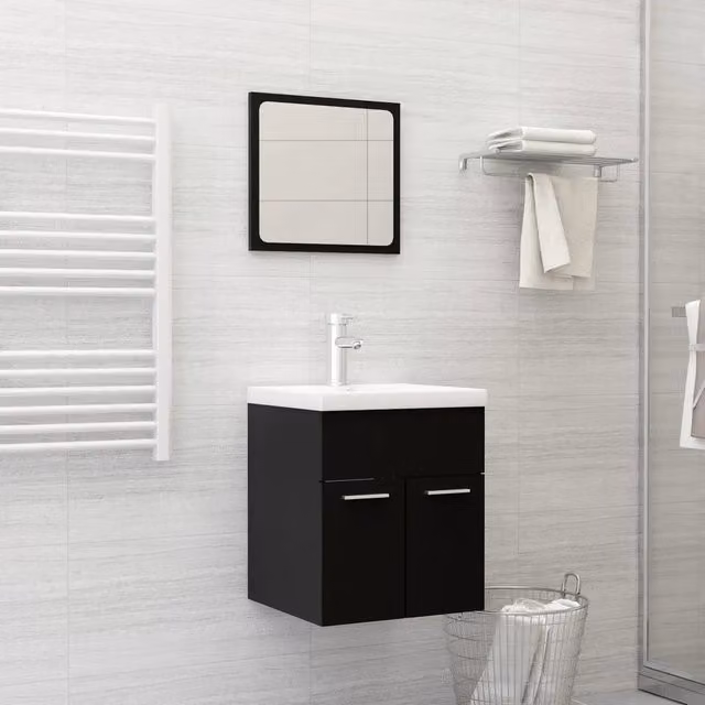 Set Mobili da Bagno Moderno vidaXL con Mobile Lavabo e Armadietto Specchio Nero Opaco in MDF e Legno