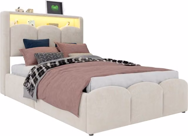 Letto singolo imbottito 90x200 cm con contenitore idraulico; LED; USB-C e velluto beige