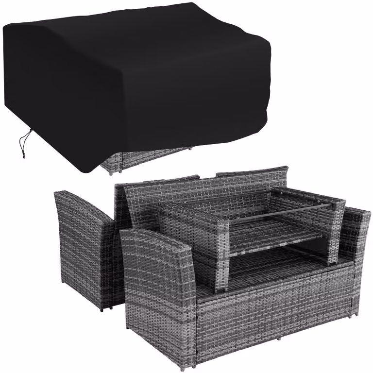 Set da giardino Tectake Modena in rattan grigio con divano a 3 posti, 2 poltrone, pouf e copertina protettiva inclusa