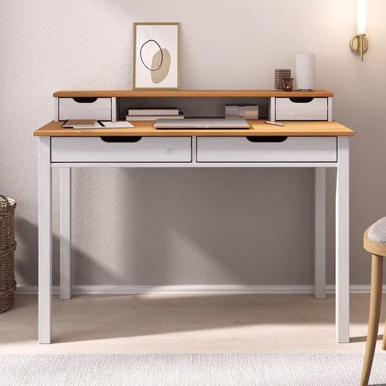 Scrivania RAUL con 4 cassetti in legno massiccio, rovere / bianco - scrivania per ufficio con spazio di archiviazione e nicchia, scrivania per ufficio in casa, scrivania per PC con unità superiore