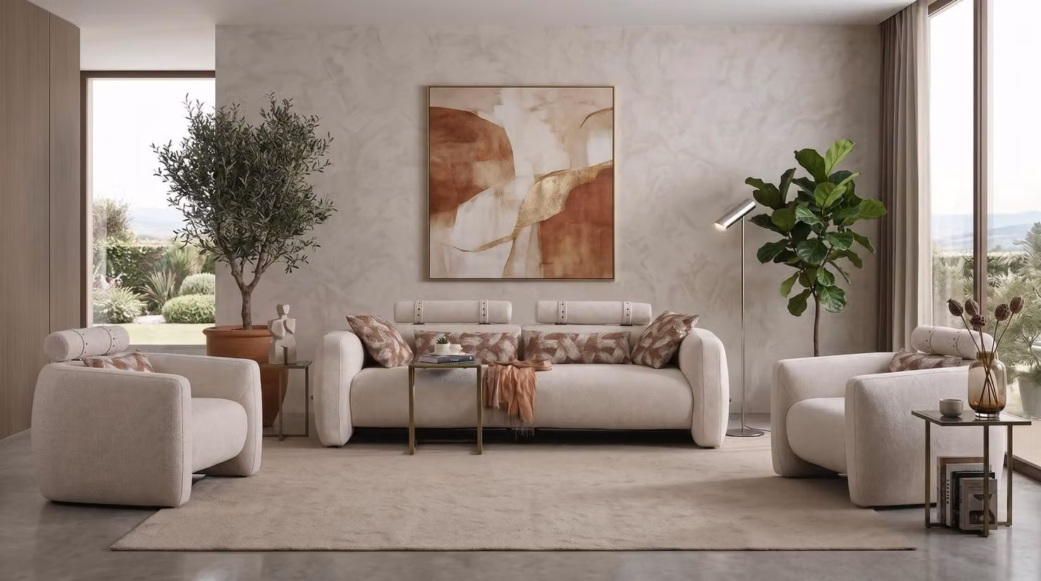 Wohnzimmer Set 3 Sitzer Sofa 2x Sessel Modern Beige
