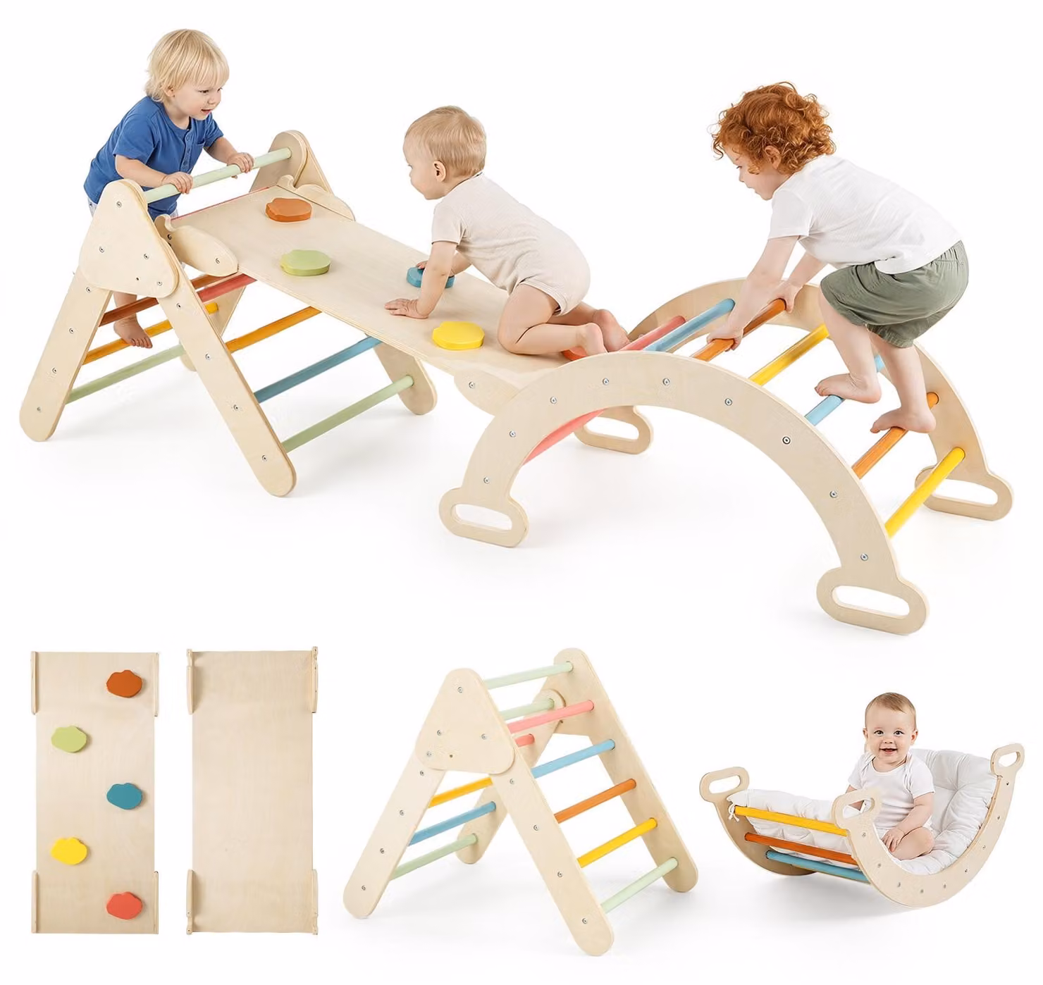 COSTWAY, set da arrampicata Montessori 3 in 1: set di attrezzature da arrampicata con triangolo da arrampicata, arco da arrampicata, rampa e cuscino rimovibile, giocattolo da arrampicata da interno per bambini dai 1 anno in su