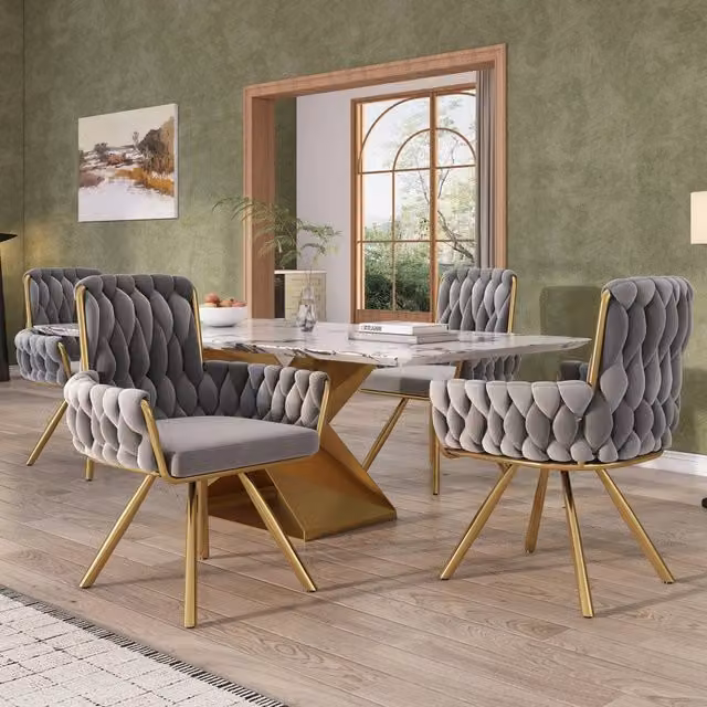 Set di 4 sedie da pranzo girevoli WISHDOR in velluto grigio con braccioli e struttura in metallo