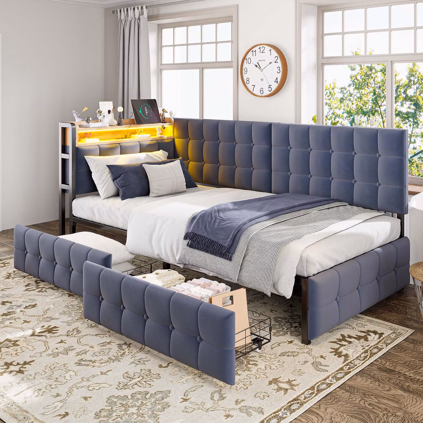 MODFU Divano letto imbottito 90x200 con funzione letto, letto per bambini con 2 cassetti e lampada da lettura a LED, porta USB e Type-C, grigio scuro
