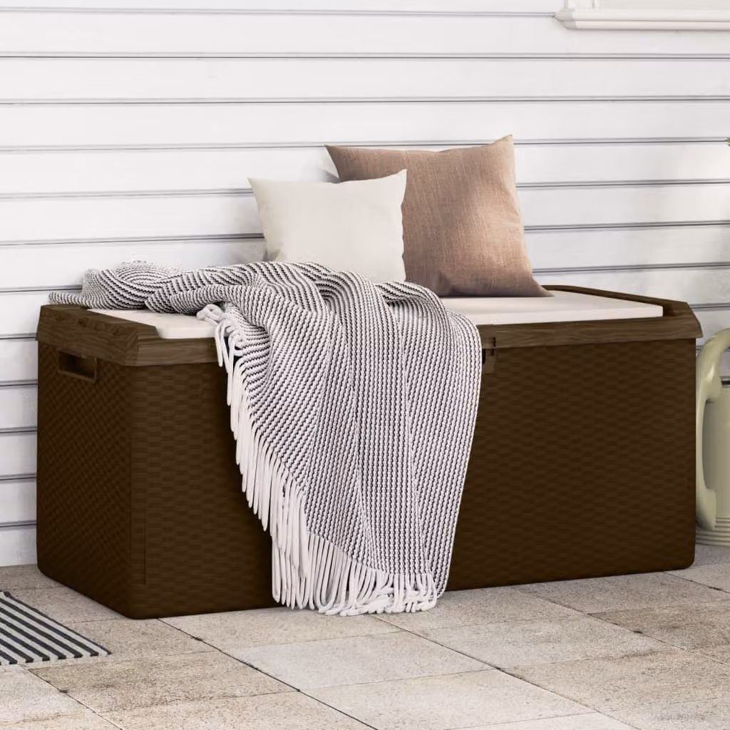 vidaXL Baule da Giardino con Cuscino Seduta Marrone in PP da 350 L L: 124,0 cm, P: 59,0 cm, H: 54,5 cm