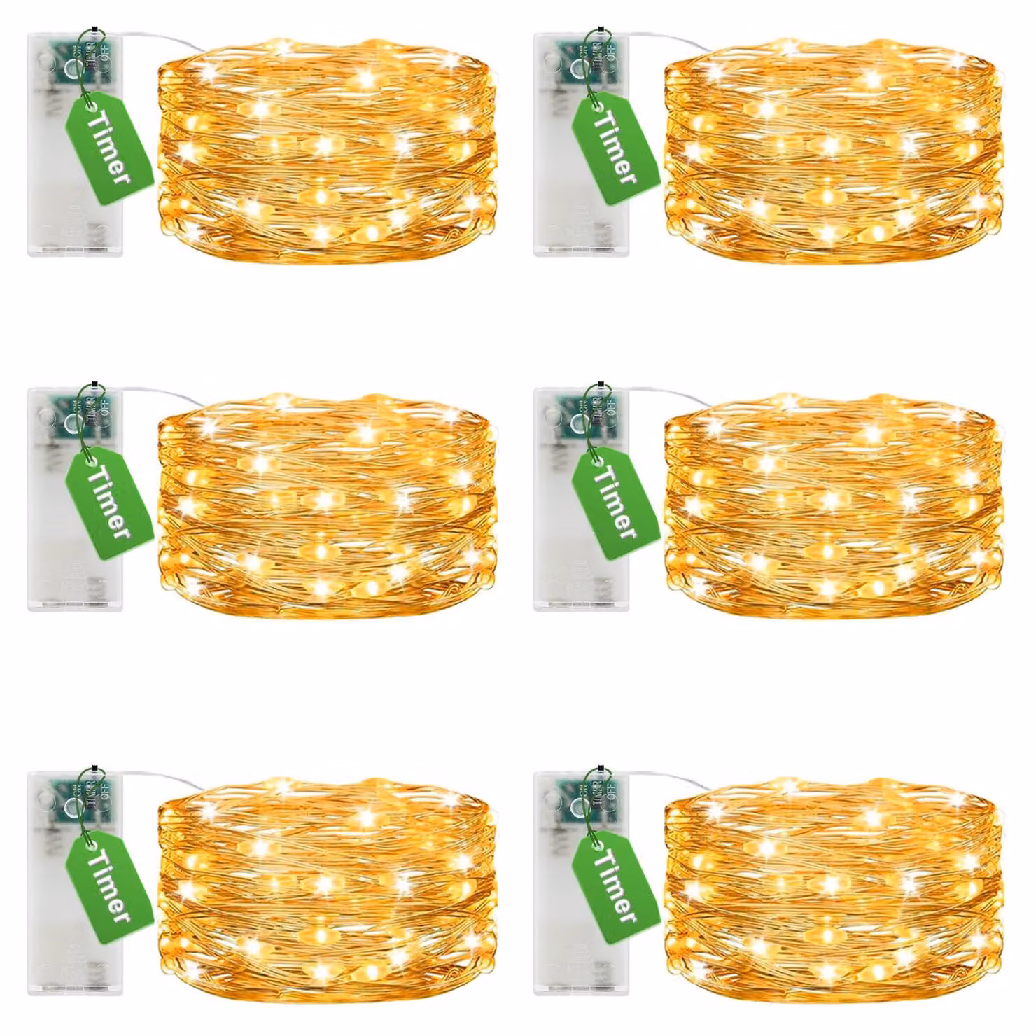 Catena luminosa da 3 metri, con 30 LED, luce bianco caldo, timer, set da 6, filo di rame