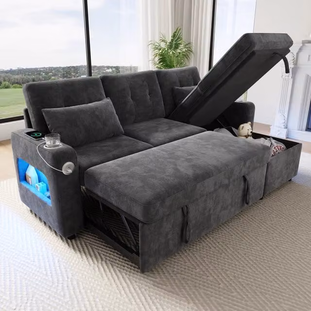 Divano angolare convertibile a U 3 posti 206x131x85 cm; 2 chaise longue; contenitore; portabicchieri; LED; USB; vani nei braccioli; grigio