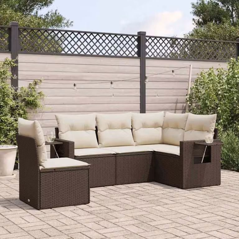 vidaXL Set Divano da Giardino a L 5 pz in Polyrattan Marrone con Cuscini Imbottiti e Tavolino