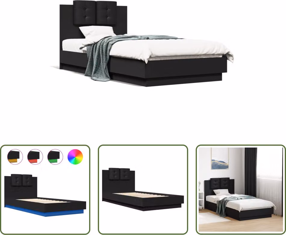 The Living Store Giroletto con testiera e luci LED nero 75x190 cm