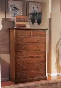 cassettiera settimino arte povera in legno noce scuro 6+2 cassetti con pomelli ad anelli