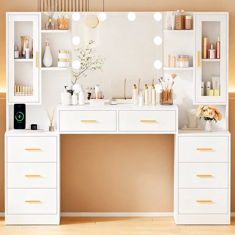 Comò da trucco da 150 cm con illuminazione a LED, specchio, 8 cassetti, 6 ripiani, bianco