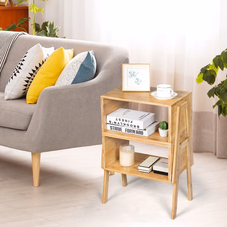 Set di 2 comodini in bambù Costway marrone con scompartimento aperto in stile scandinavo