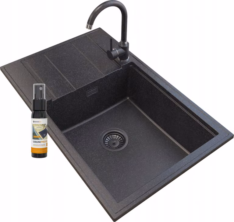 Granitan - Lavello in granito - Lavello da cucina - 80x50 cm - Nero - con rubinetteria BETA e scolapiatti - LOUIS