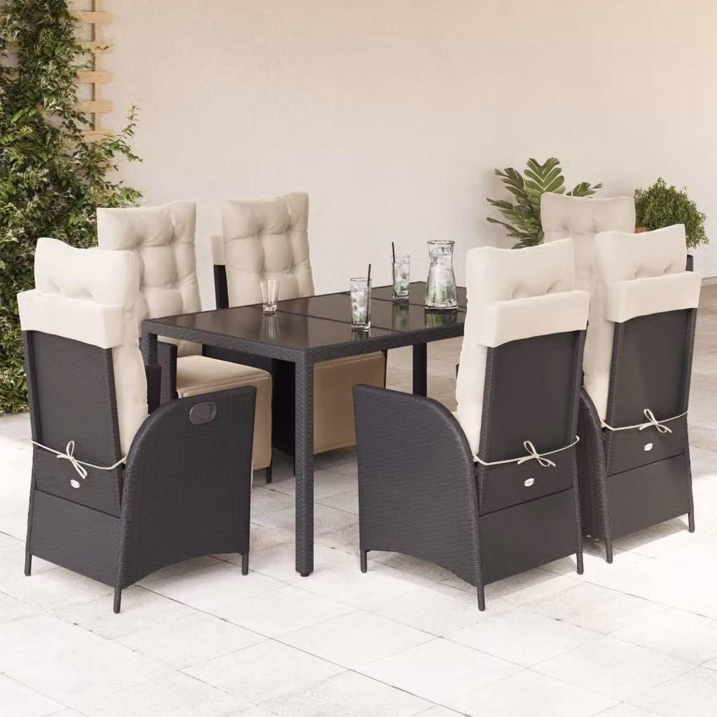 vidaXL Set da Pranzo da Giardino 7 pz in Polyrattan Nero con Cuscini e Tavolo in Vetro – 1