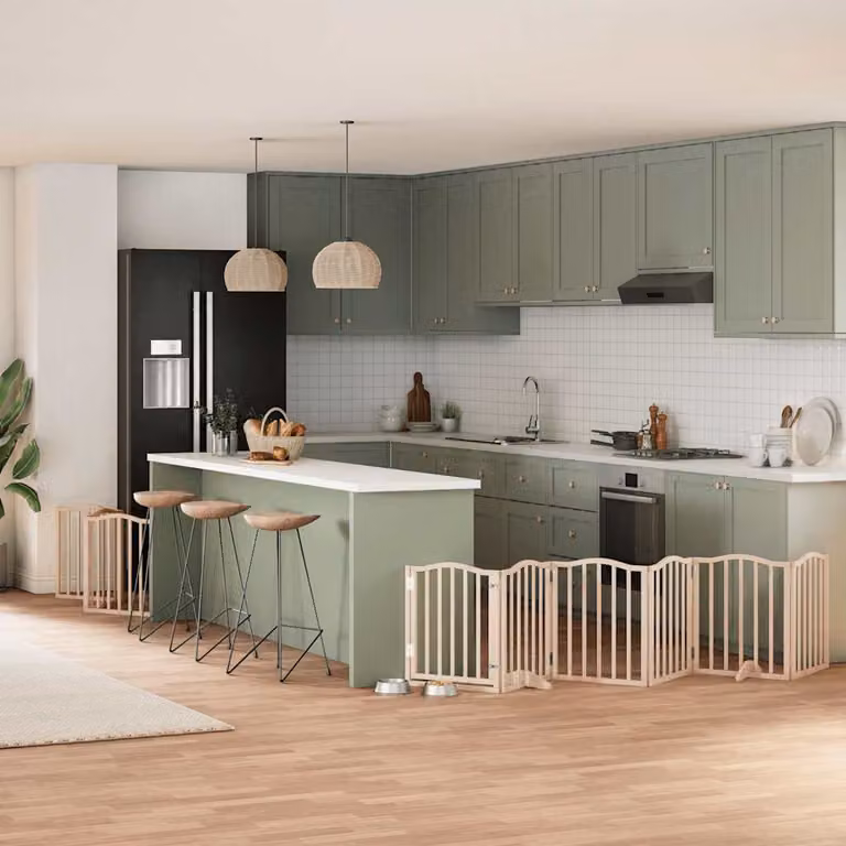 Cancello per cani vidaXL in legno di pioppo con 9 pannelli pieghevoli, colore beige, L: 450 cm