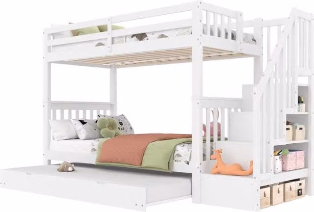 Letto a castello 90×200 cm con letto estraibile 90×190 cm, mensole scala e barriere alte, senza materasso, bianco