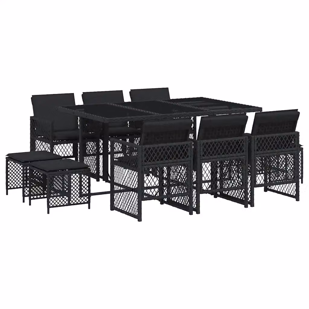 vidaXL Set da Pranzo da Giardino 11 pz in Polyrattan Nero con Cuscini e Tavolo in Vetro – 2