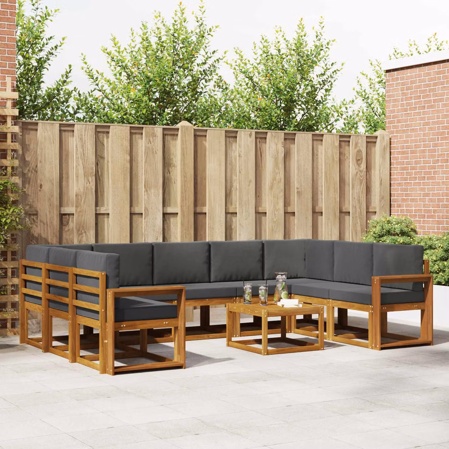Set di divani da esterno vidaXL a forma di L in legno di acacia con cuscini, colore marrone e antracite