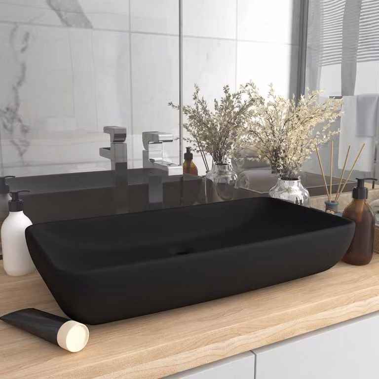 Lavandino da appoggio rettangolare vidaXL in ceramica nero opaco L: 71 cm, P: 38 cm, H: 13,5 cm