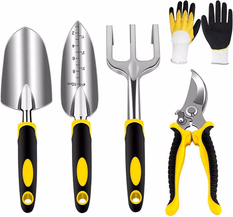 Omgoods - Set di attrezzi da giardino in acciaio inossidabile, con guanti e cesoie
