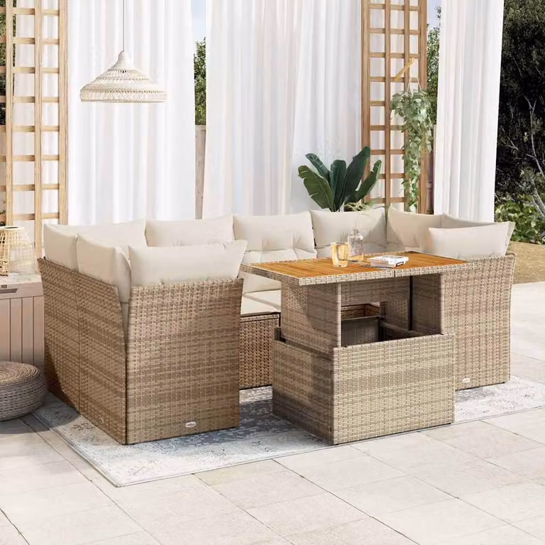 Set di divani da giardino vidaXL in polyrattan beige con cuscini e tavolino da esterno a forma di L