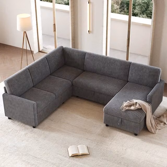 Divano angolare a U WISHDOR con funzione letto e chaise longue contenitore in velluto a coste grigio, L: 274 cm, P: 220 cm, H: 85 cm