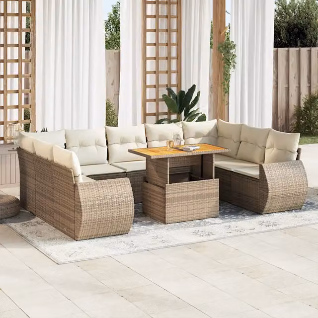 Set Divano da Giardino a Forma di U vidaXL con 10 Pezzi, Cuscini Beige e Tavolino da Caffè, Struttura in Polyrattan e Acciaio con Rivestimento in Legno di Acacia – 1